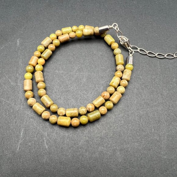 Green Stone Beaded‎ Necklace Round Tube Silver Tone - Picture 7 of 7